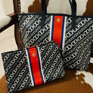 Tory Burch Navy Chain-Print Tote with Red and Blue Stripe
